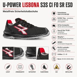 U-Power Lisbona S3S ESD – chaussures de sécurité sans métal